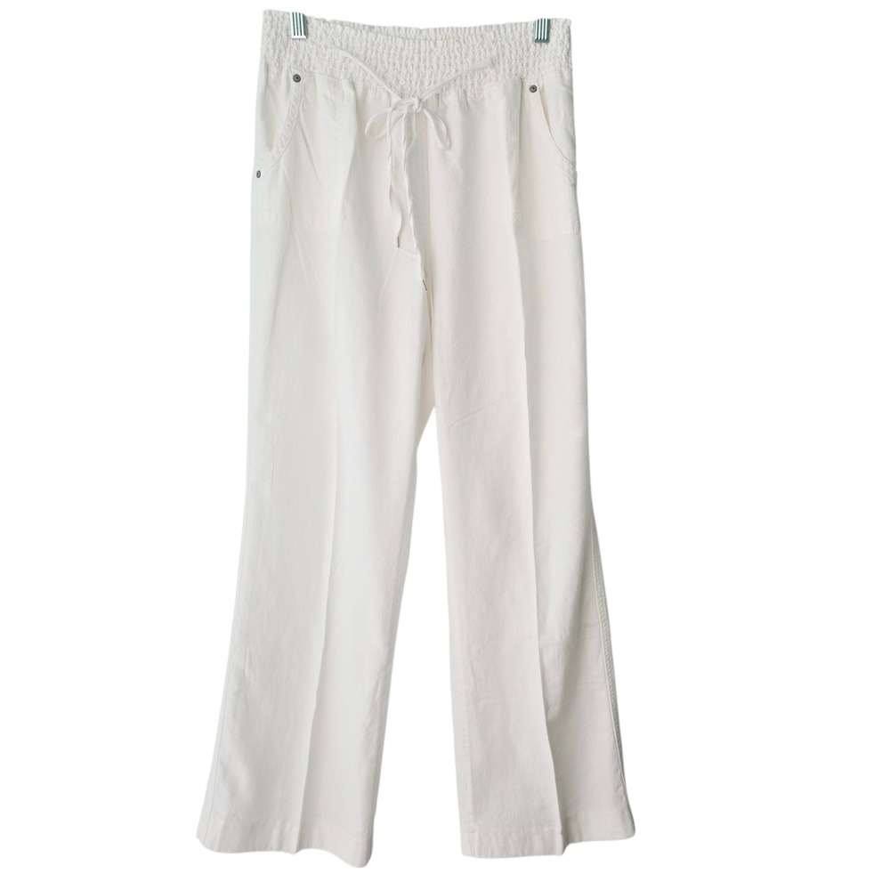 Cavalini White Linen Blend Wide Leg Smocked Waist Drawstring Pants Large Beachy